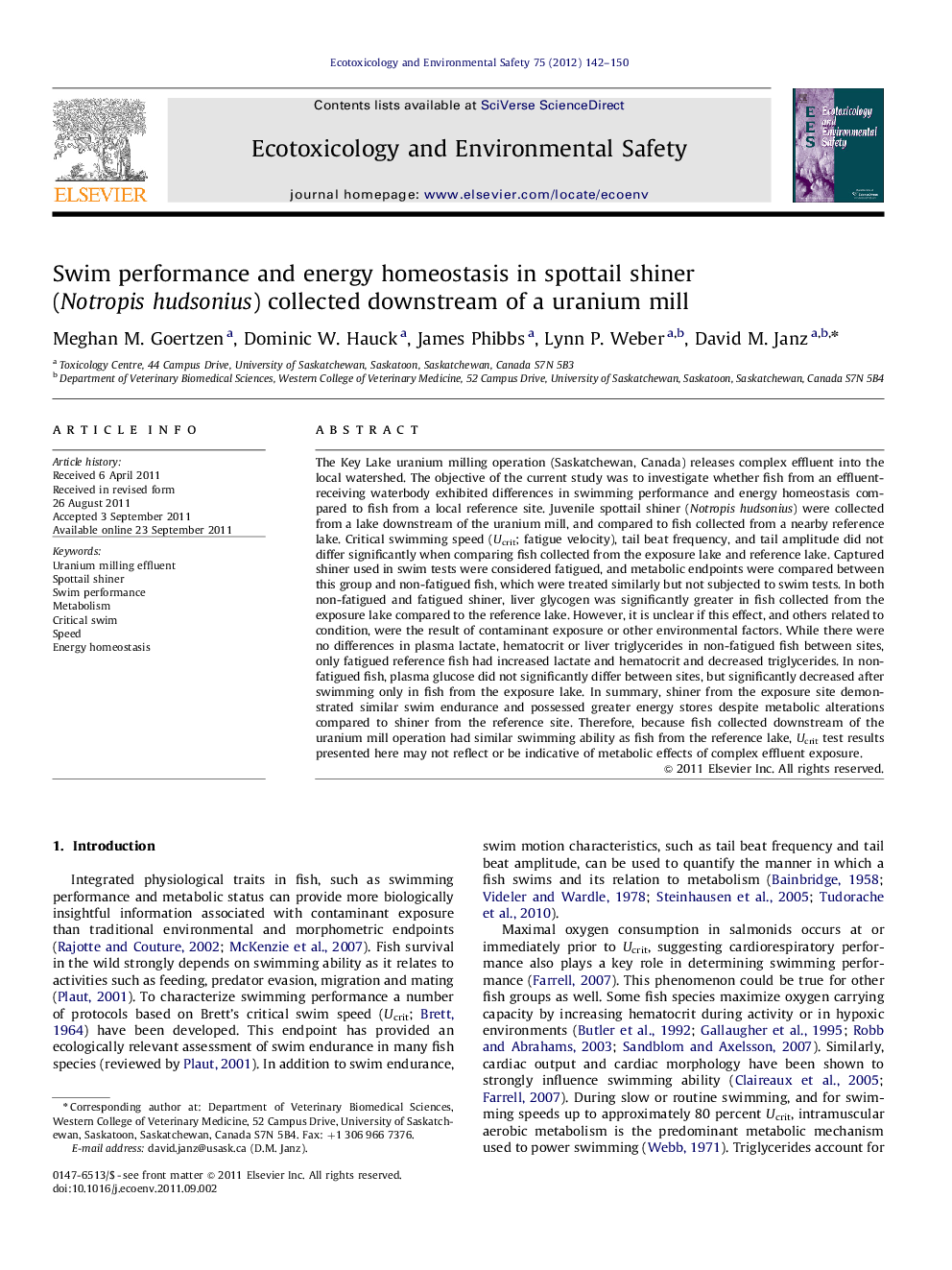 Swim performance and energy homeostasis in spottail shiner (Notropis hudsonius) collected downstream of a uranium mill