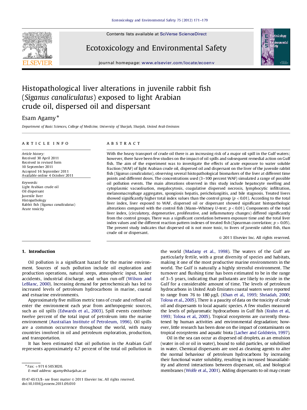 Histopathological liver alterations in juvenile rabbit fish (Siganus canaliculatus) exposed to light Arabian crude oil, dispersed oil and dispersant