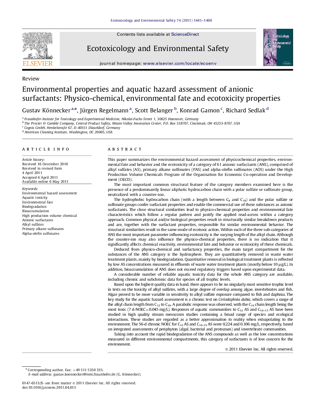 Environmental properties and aquatic hazard assessment of anionic surfactants: Physico-chemical, environmental fate and ecotoxicity properties