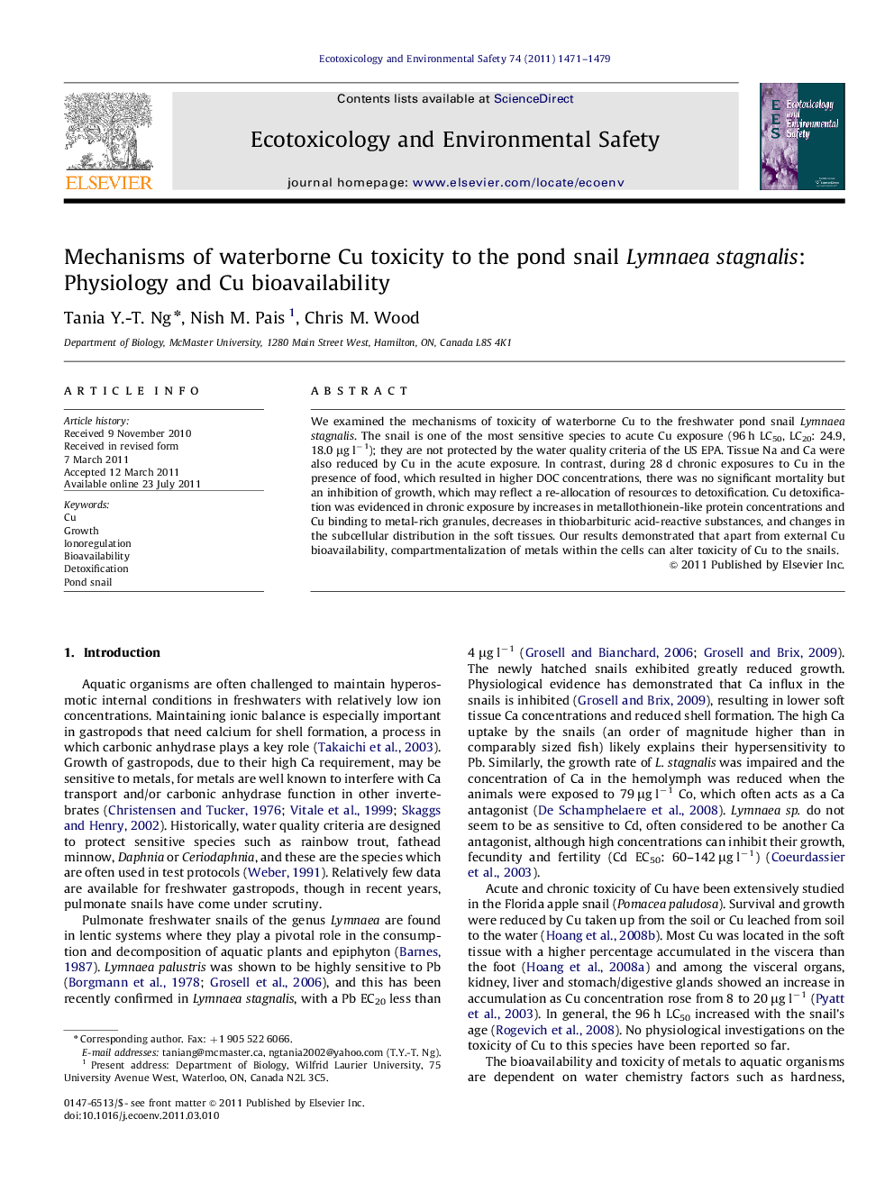 Mechanisms of waterborne Cu toxicity to the pond snail Lymnaea stagnalis: Physiology and Cu bioavailability