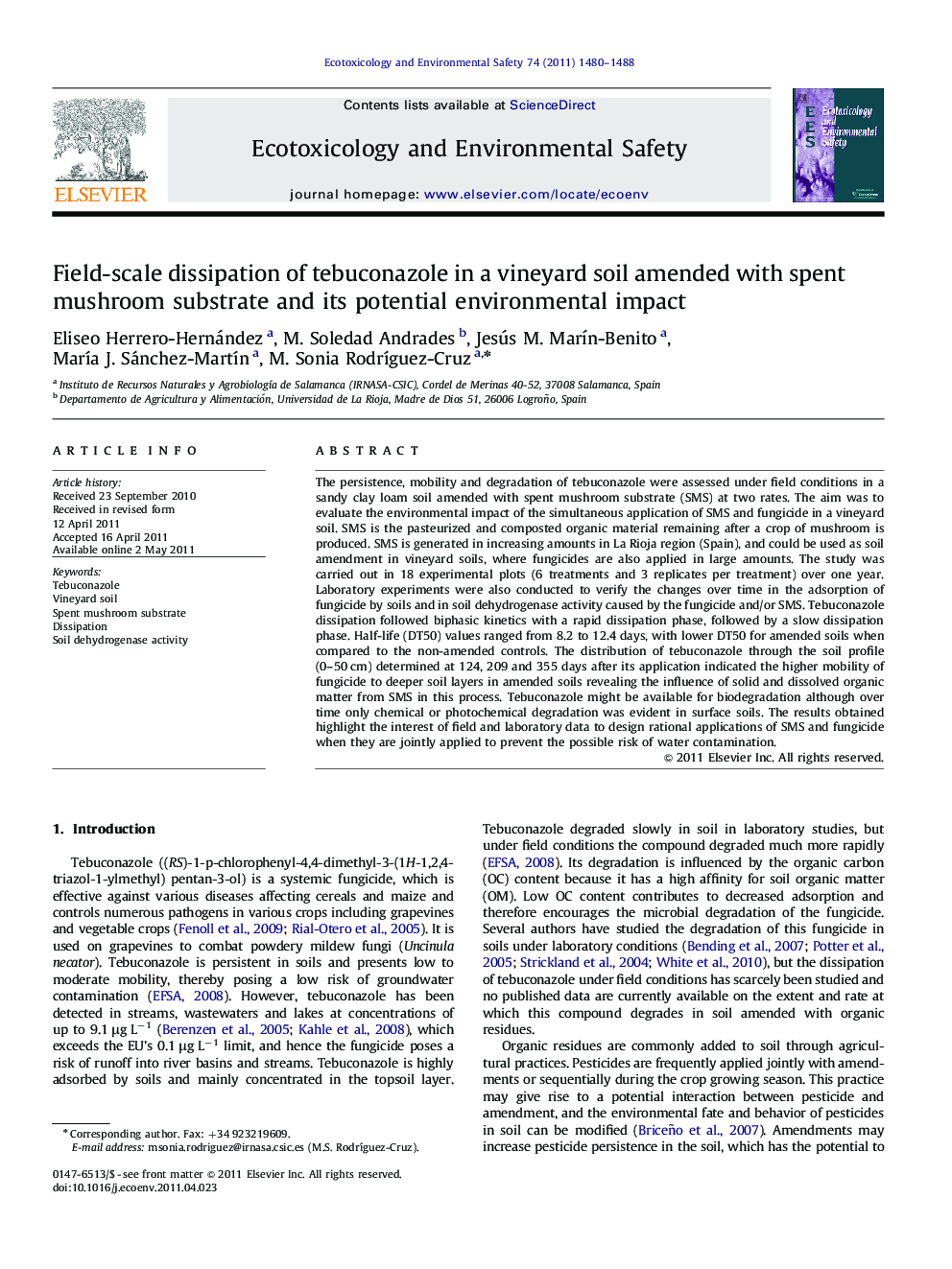 Field-scale dissipation of tebuconazole in a vineyard soil amended with spent mushroom substrate and its potential environmental impact