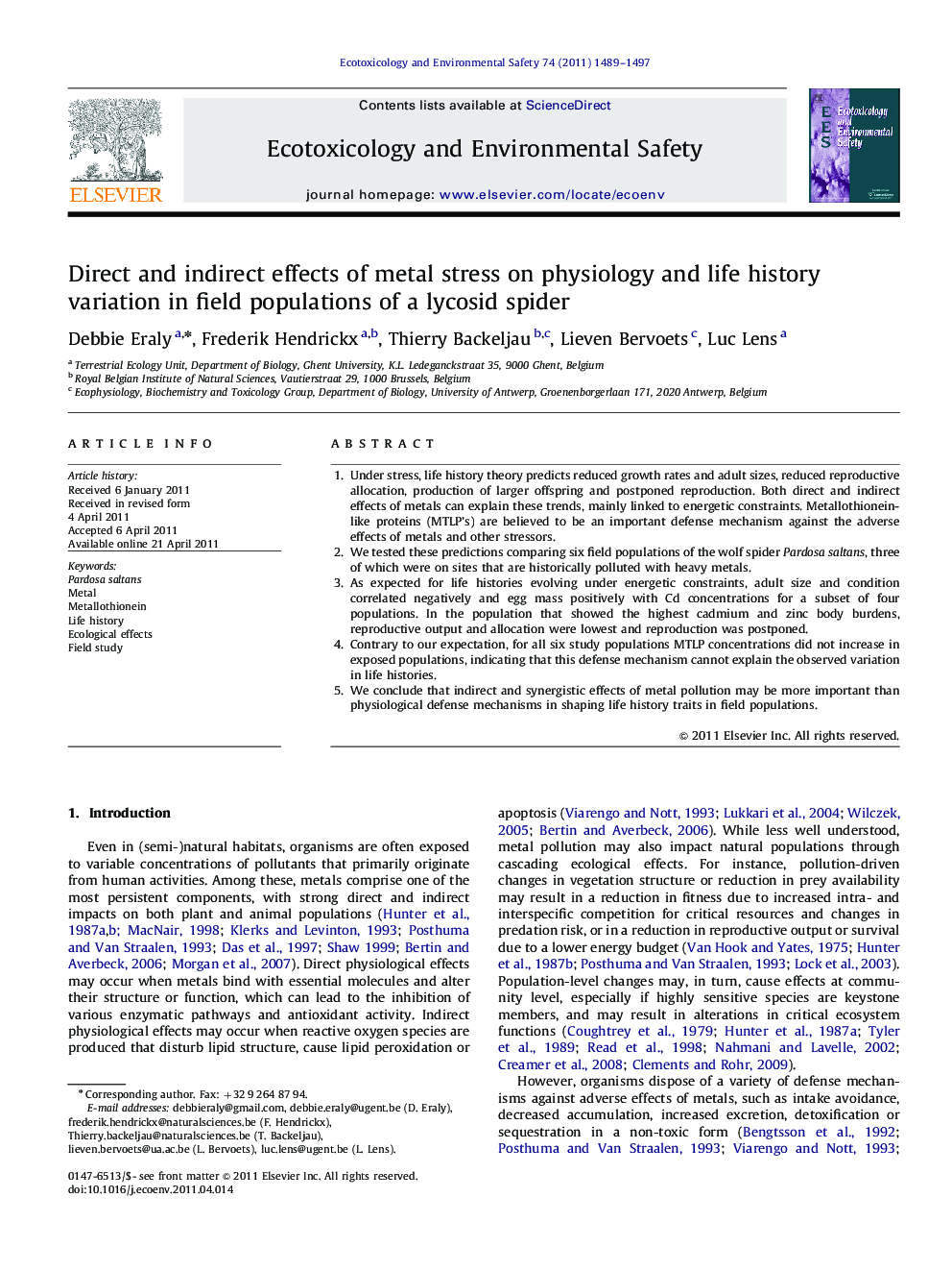 Direct and indirect effects of metal stress on physiology and life history variation in field populations of a lycosid spider