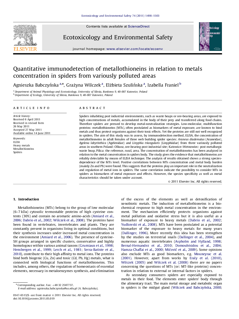 Quantitative immunodetection of metallothioneins in relation to metals concentration in spiders from variously polluted areas