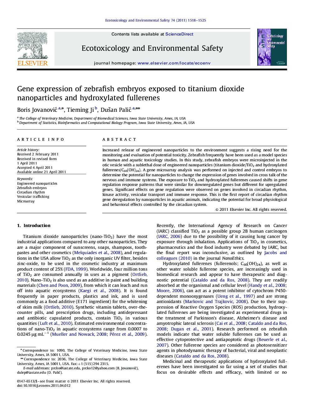 Gene expression of zebrafish embryos exposed to titanium dioxide nanoparticles and hydroxylated fullerenes