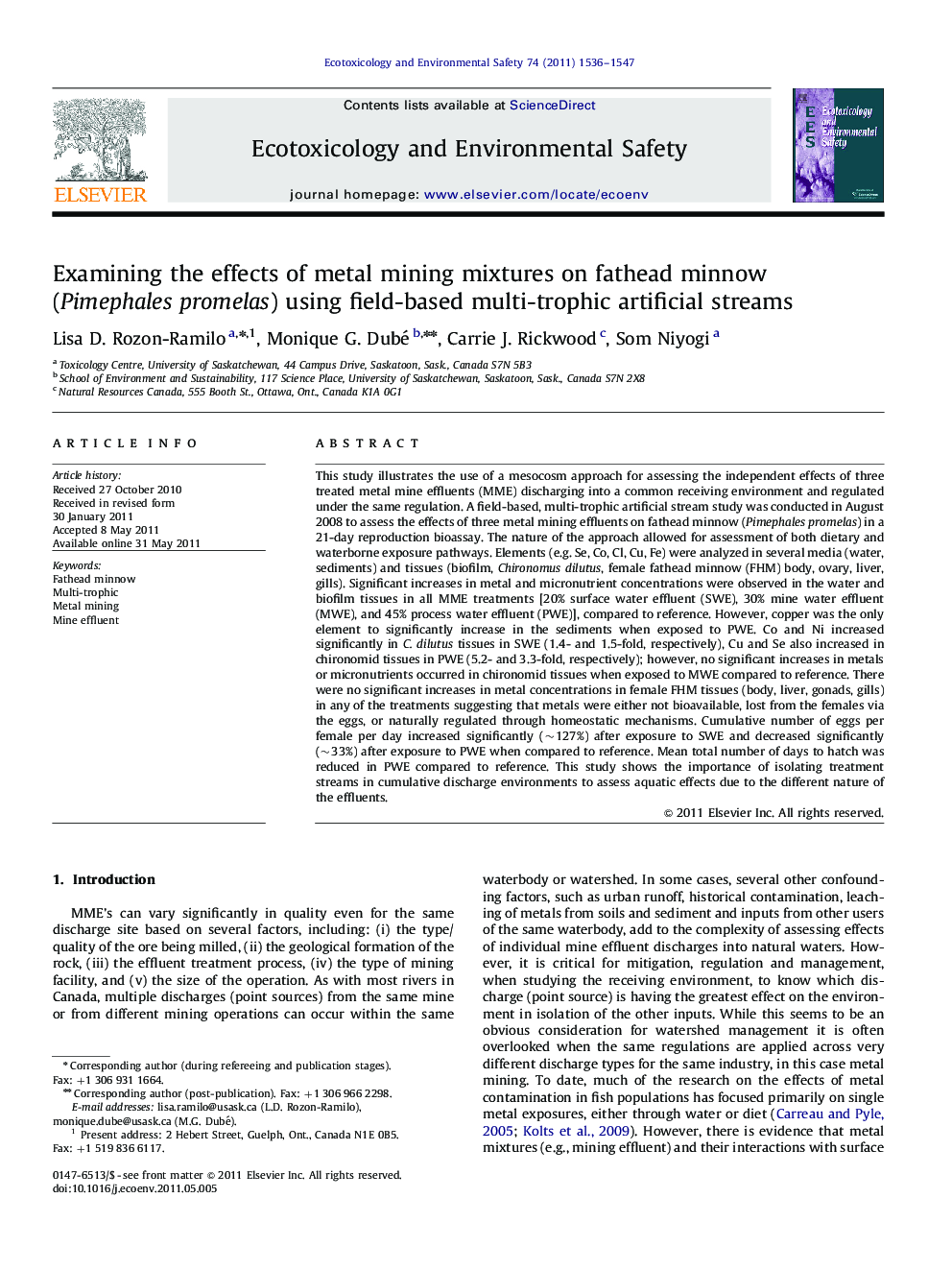 Examining the effects of metal mining mixtures on fathead minnow (Pimephales promelas) using field-based multi-trophic artificial streams