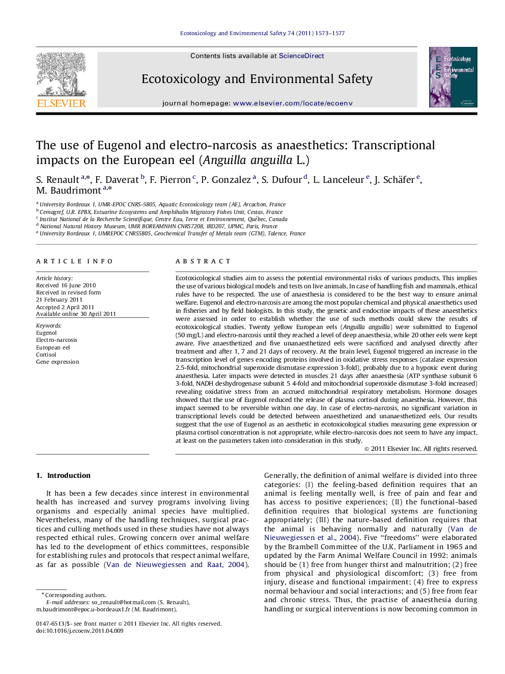 The use of Eugenol and electro-narcosis as anaesthetics: Transcriptional impacts on the European eel (Anguilla anguilla L.)