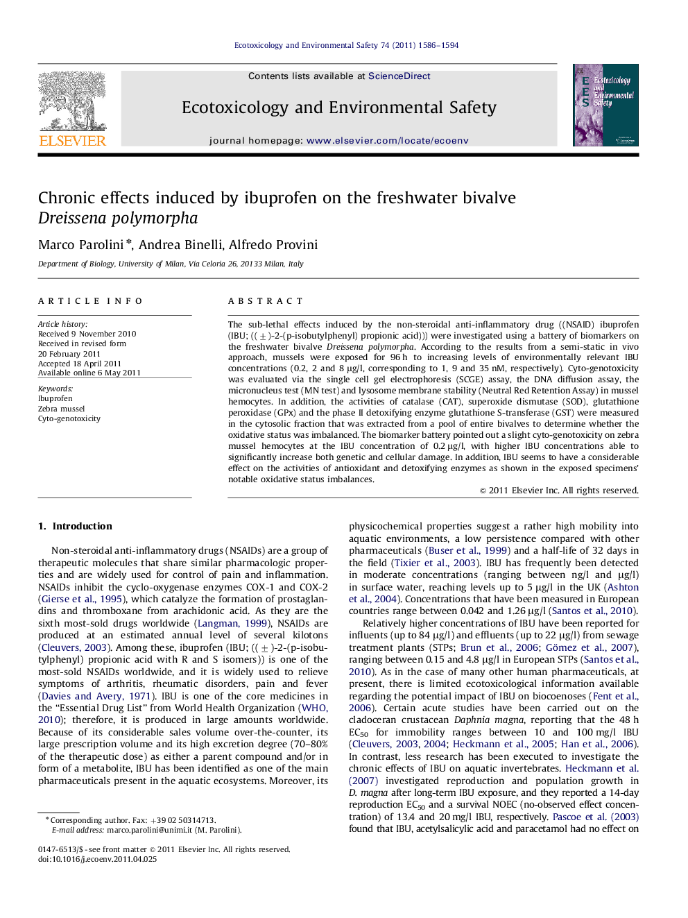 Chronic effects induced by ibuprofen on the freshwater bivalve Dreissena polymorpha