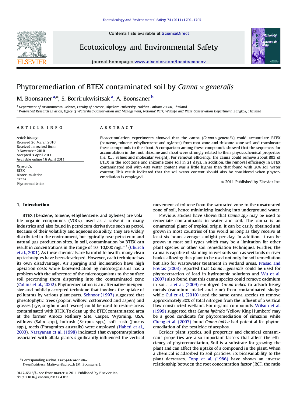 Phytoremediation of BTEX contaminated soil by Canna×generalis