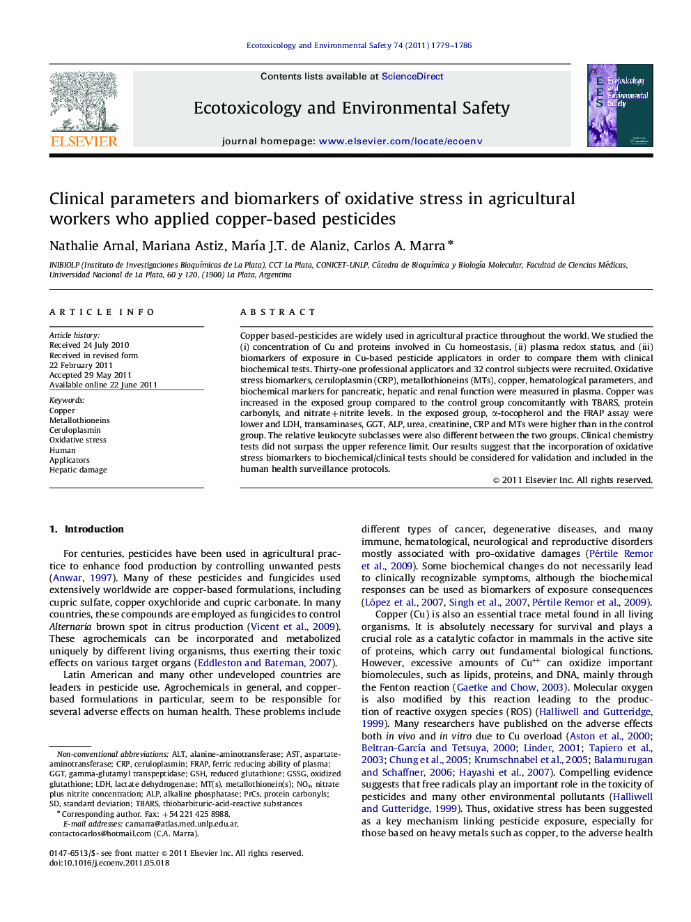 Clinical parameters and biomarkers of oxidative stress in agricultural workers who applied copper-based pesticides