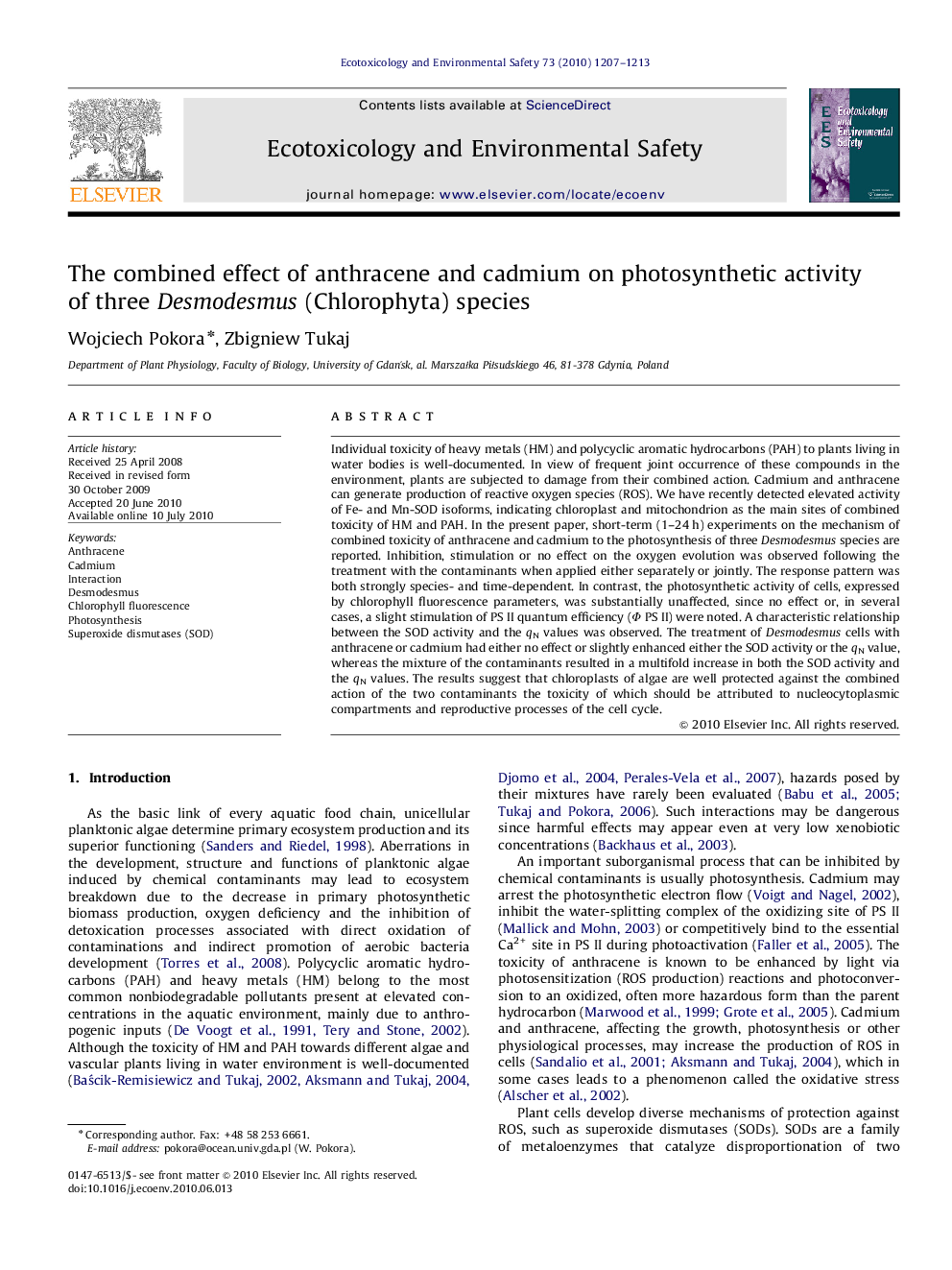 The combined effect of anthracene and cadmium on photosynthetic activity of three Desmodesmus (Chlorophyta) species