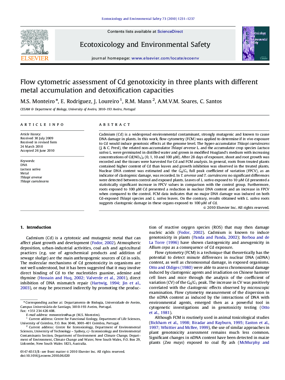 Flow cytometric assessment of Cd genotoxicity in three plants with different metal accumulation and detoxification capacities