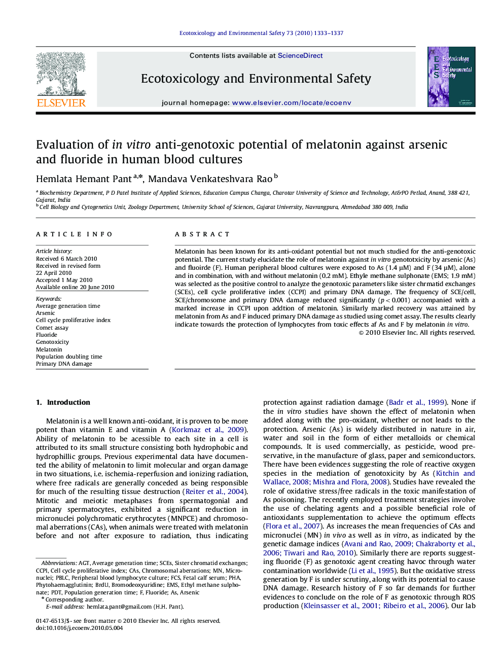 Evaluation of in vitro anti-genotoxic potential of melatonin against arsenic and fluoride in human blood cultures