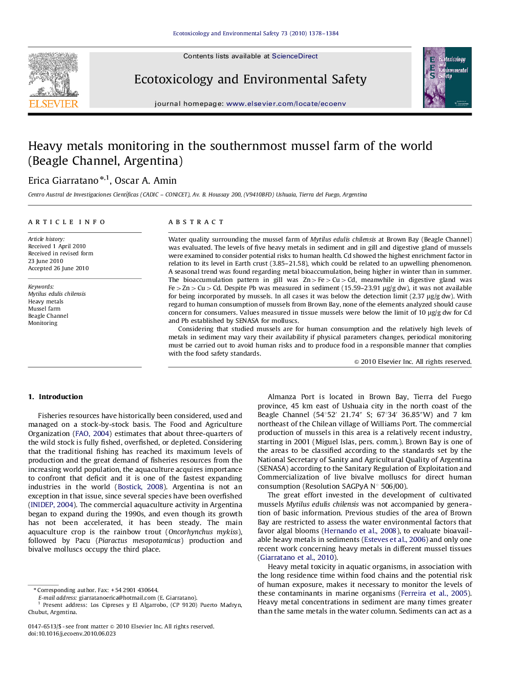 Heavy metals monitoring in the southernmost mussel farm of the world (Beagle Channel, Argentina)