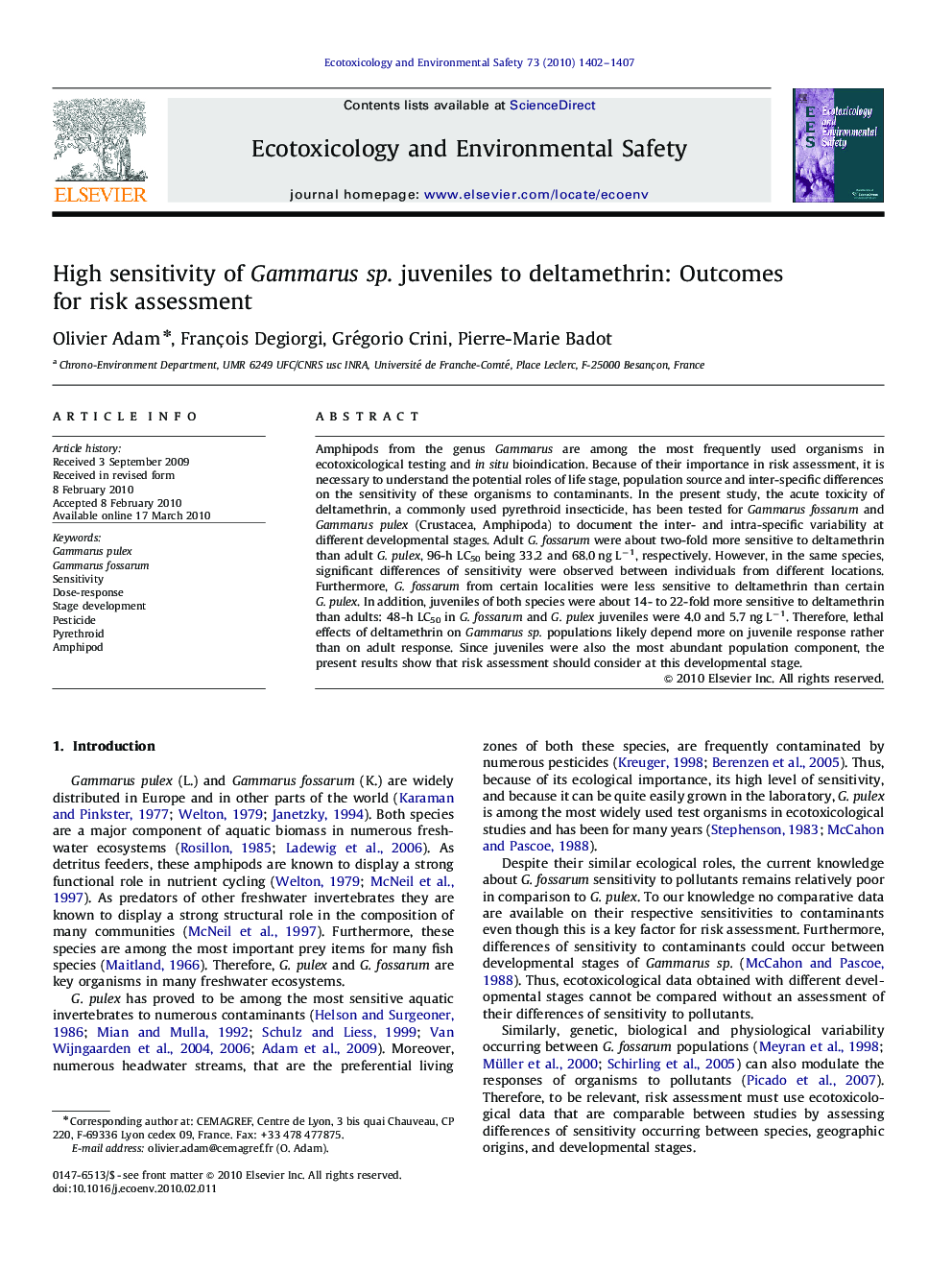 High sensitivity of Gammarus sp. juveniles to deltamethrin: Outcomes for risk assessment