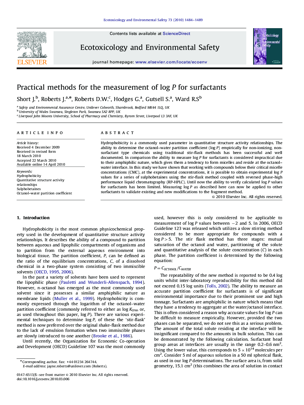 Practical methods for the measurement of log P for surfactants