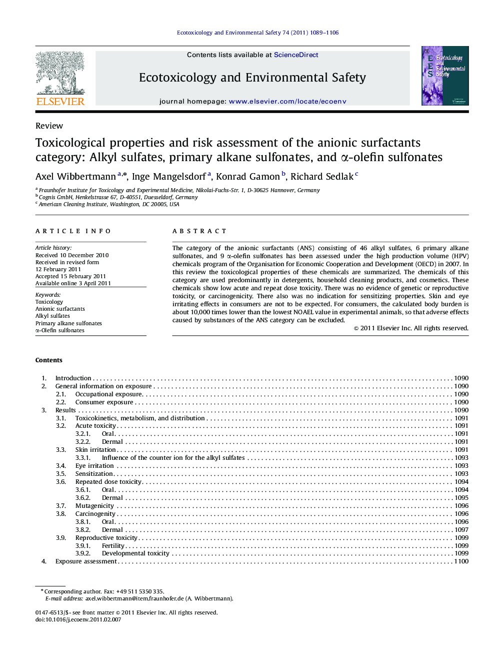 Toxicological properties and risk assessment of the anionic surfactants category: Alkyl sulfates, primary alkane sulfonates, and α-olefin sulfonates