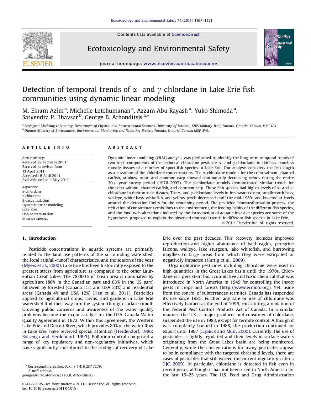 Detection of temporal trends of α- and γ-chlordane in Lake Erie fish communities using dynamic linear modeling