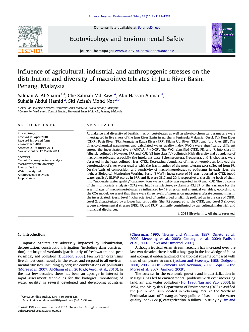 Influence of agricultural, industrial, and anthropogenic stresses on the distribution and diversity of macroinvertebrates in Juru River Basin, Penang, Malaysia