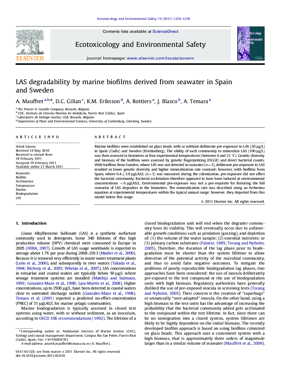 LAS degradability by marine biofilms derived from seawater in Spain and Sweden