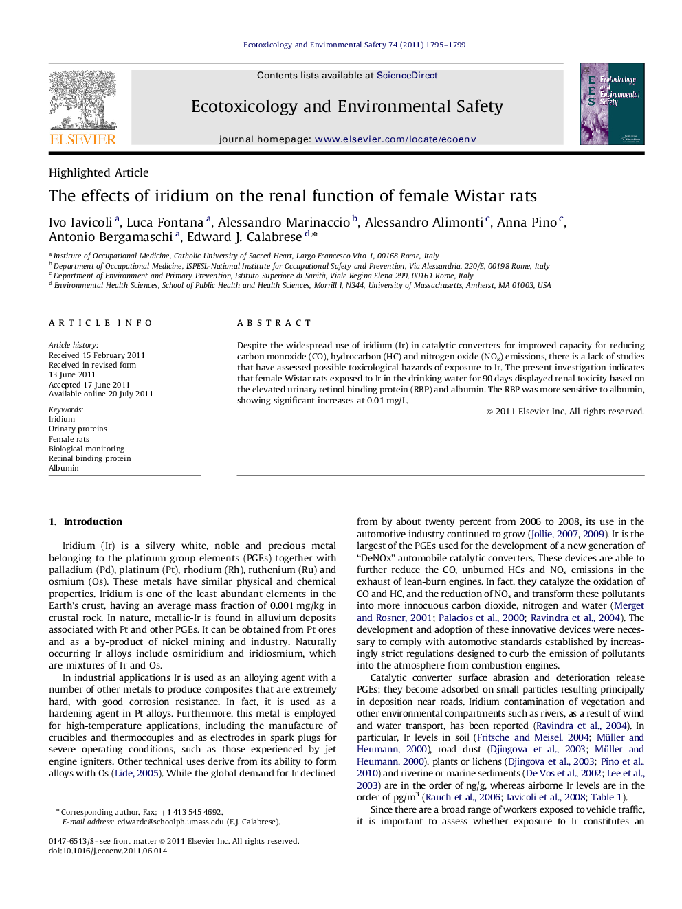 The effects of iridium on the renal function of female Wistar rats