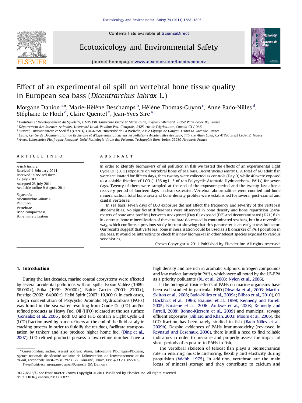 Effect of an experimental oil spill on vertebral bone tissue quality in European sea bass (Dicentrarchus labrax L.)