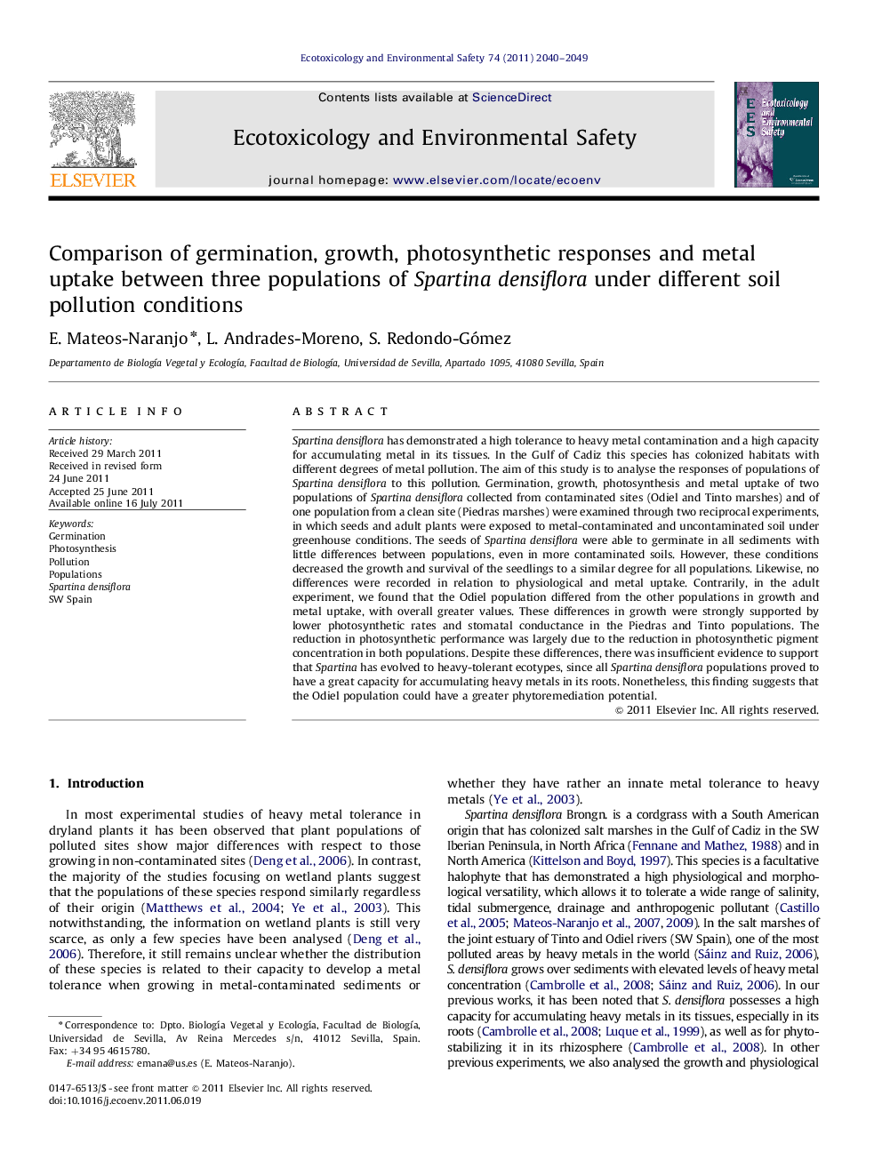 عکس صفحه اول مقاله: Comparison of germination, growth, photosynthetic responses and metal uptake between three populations of Spartina densiflora under different soil pollution conditions Comparison of germination, growth, photosynthetic responses and metal uptake between three populations of Spartina densiflora under different soil pollution conditions