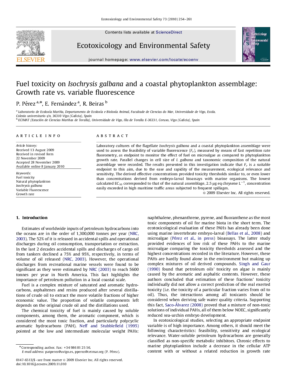 Fuel toxicity on Isochrysis galbana and a coastal phytoplankton assemblage: Growth rate vs. variable fluorescence