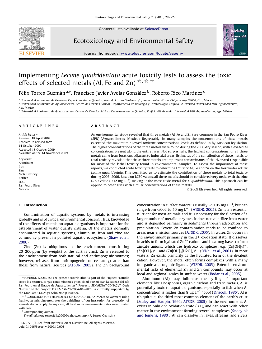 Implementing Lecane quadridentata acute toxicity tests to assess the toxic effects of selected metals (Al, Fe and Zn),