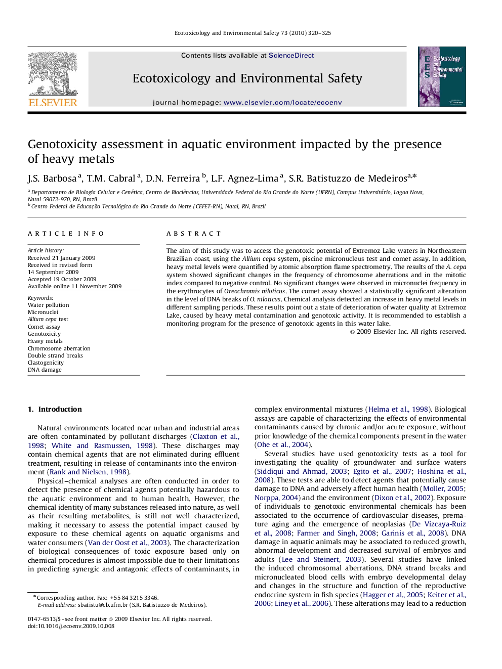 Genotoxicity assessment in aquatic environment impacted by the presence of heavy metals