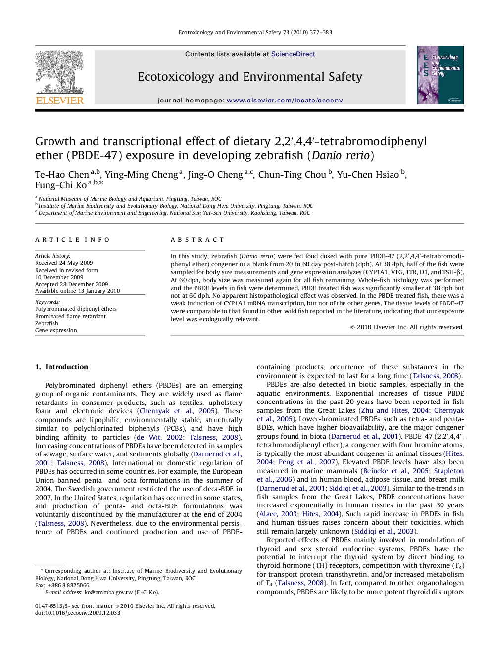 Growth and transcriptional effect of dietary 2,2′,4,4′-tetrabromodiphenyl ether (PBDE-47) exposure in developing zebrafish (Danio rerio)