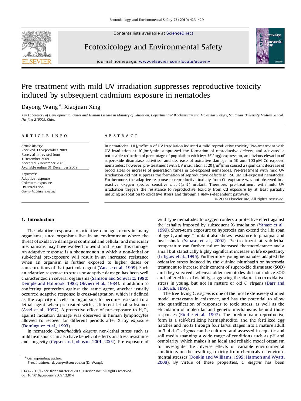 Pre-treatment with mild UV irradiation suppresses reproductive toxicity induced by subsequent cadmium exposure in nematodes