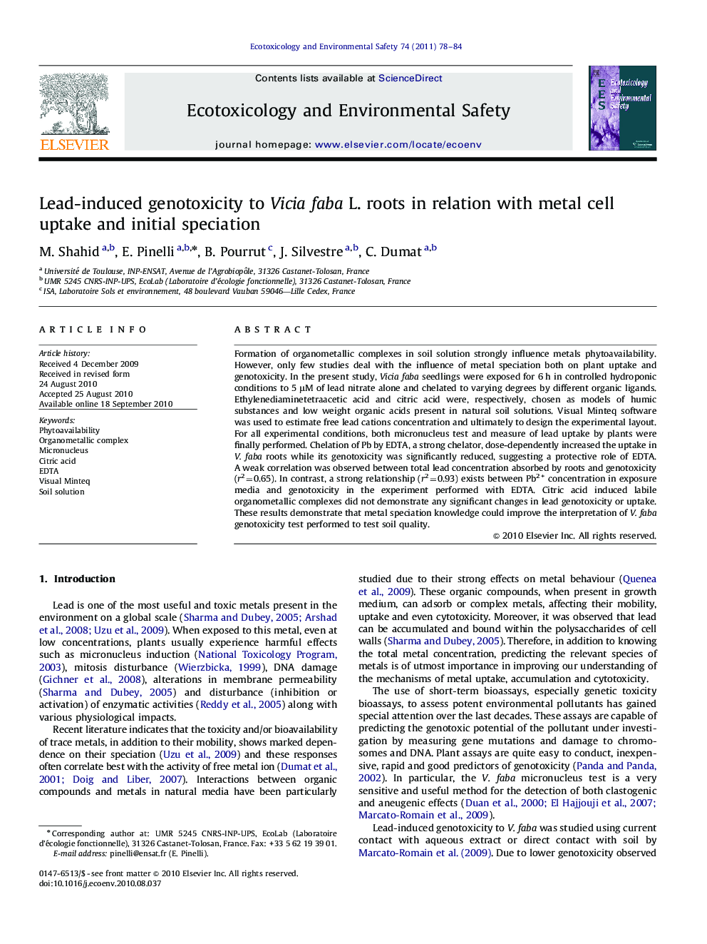 Lead-induced genotoxicity to Vicia faba L. roots in relation with metal cell uptake and initial speciation