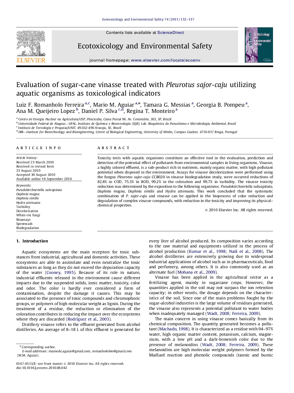 Evaluation of sugar-cane vinasse treated with Pleurotus sajor-caju utilizing aquatic organisms as toxicological indicators