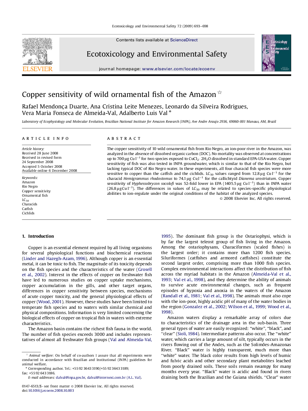 Copper sensitivity of wild ornamental fish of the Amazon 