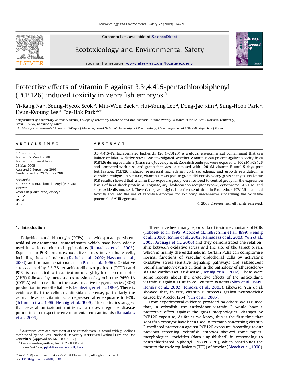 Protective effects of vitamin E against 3,3â²,4,4â²,5-pentachlorobiphenyl (PCB126) induced toxicity in zebrafish embryos