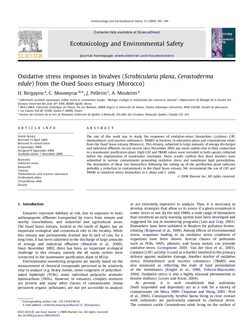 Oxidative stress responses in bivalves (Scrobicularia plana, Cerastoderma edule) from the Oued Souss estuary (Morocco)