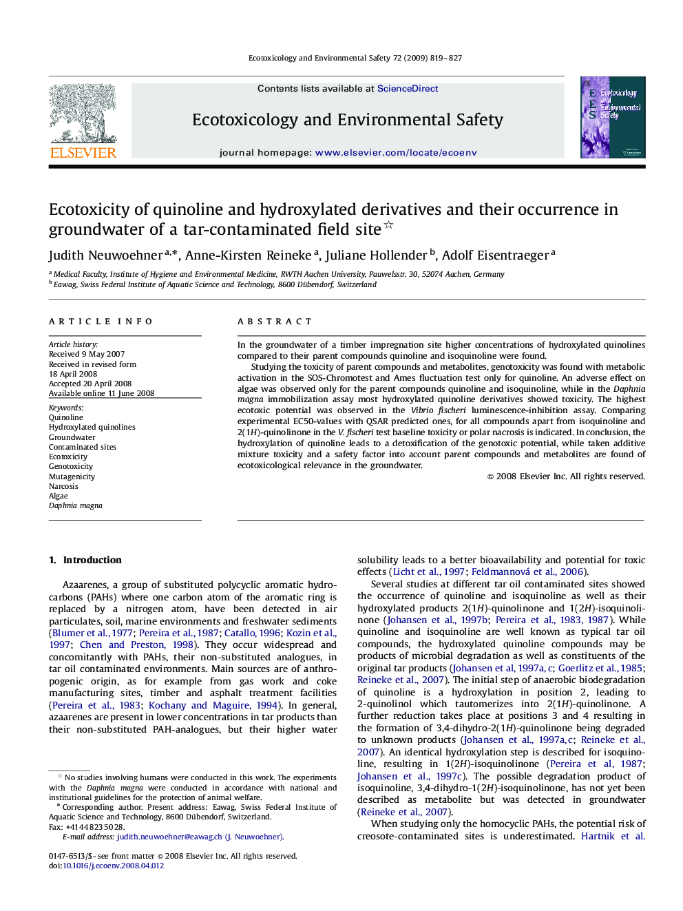 Ecotoxicity of quinoline and hydroxylated derivatives and their occurrence in groundwater of a tar-contaminated field site 