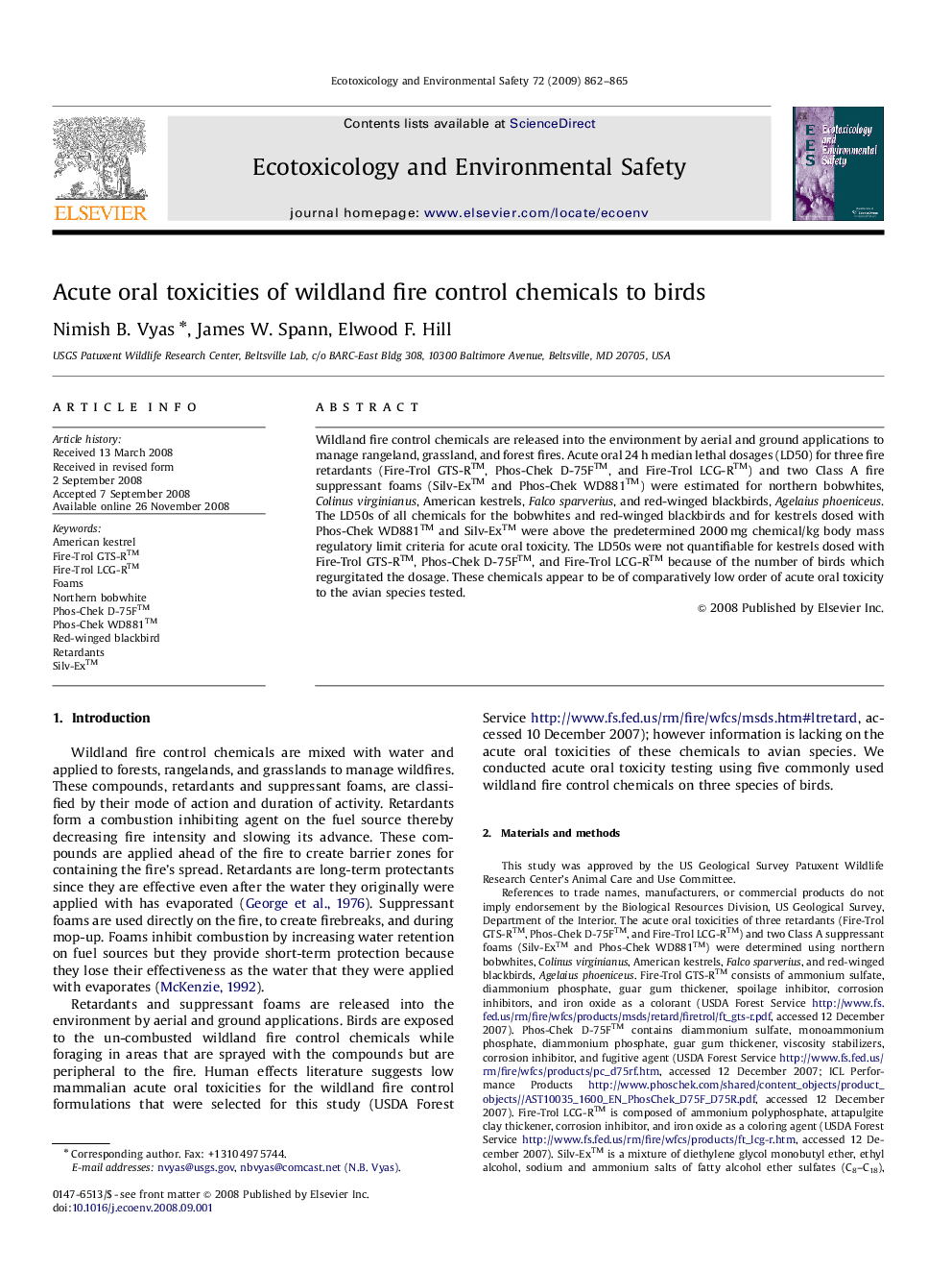 Acute oral toxicities of wildland fire control chemicals to birds