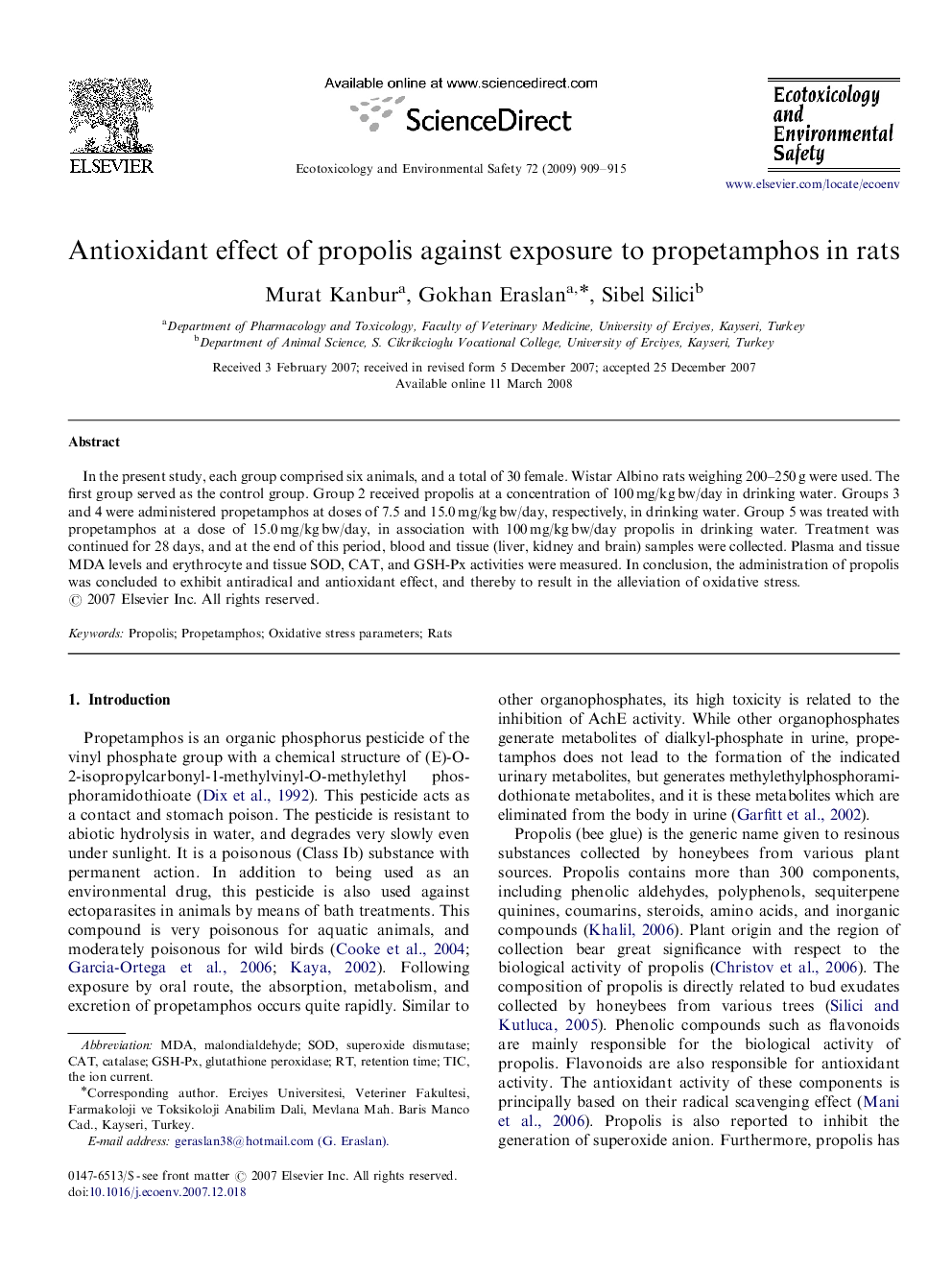 Antioxidant effect of propolis against exposure to propetamphos in rats