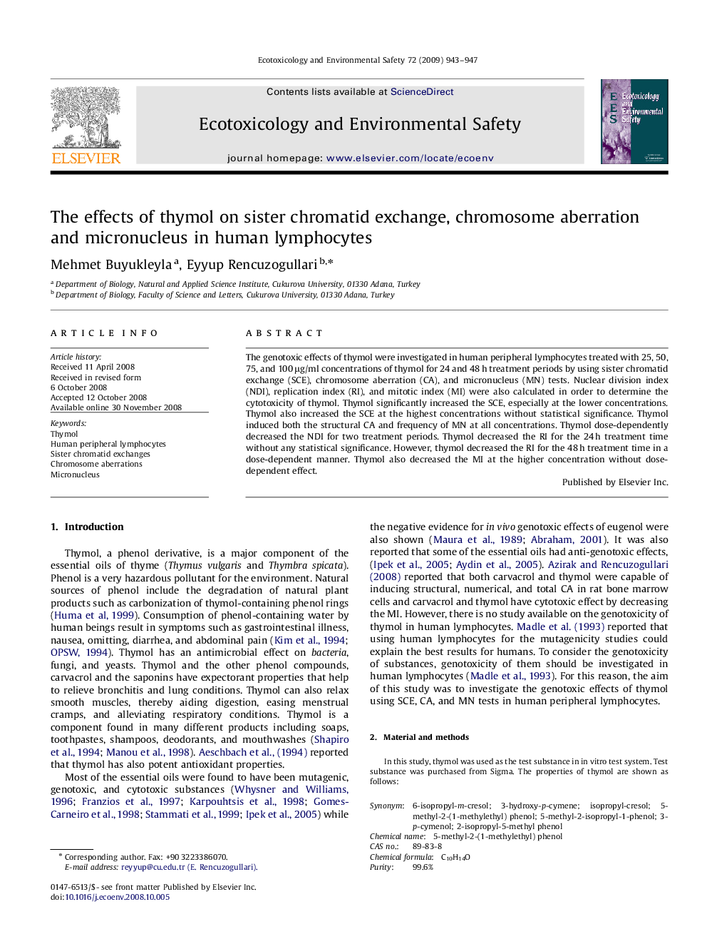 The effects of thymol on sister chromatid exchange, chromosome aberration and micronucleus in human lymphocytes