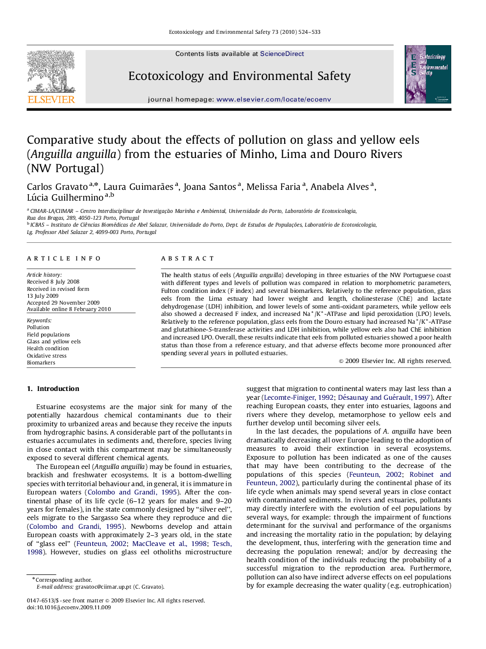 Comparative study about the effects of pollution on glass and yellow eels (Anguilla anguilla) from the estuaries of Minho, Lima and Douro Rivers (NW Portugal)