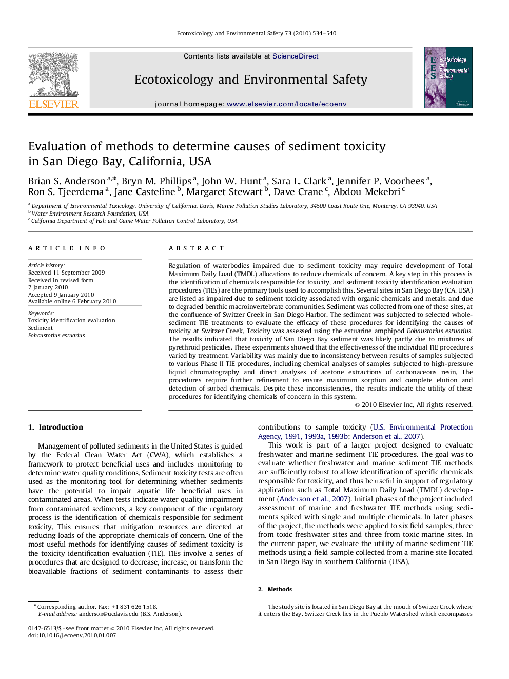 Evaluation of methods to determine causes of sediment toxicity in San Diego Bay, California, USA