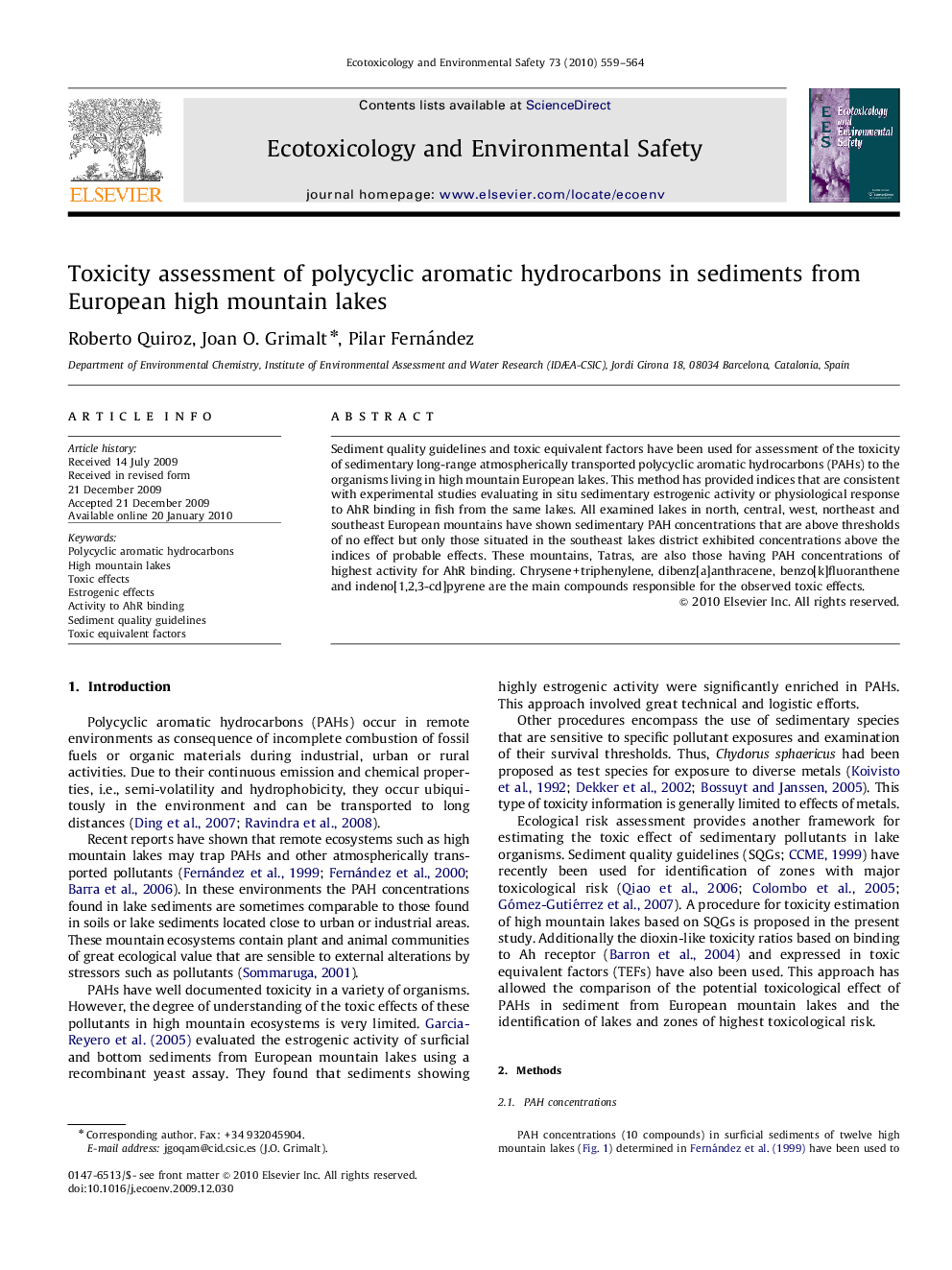 Toxicity assessment of polycyclic aromatic hydrocarbons in sediments from European high mountain lakes