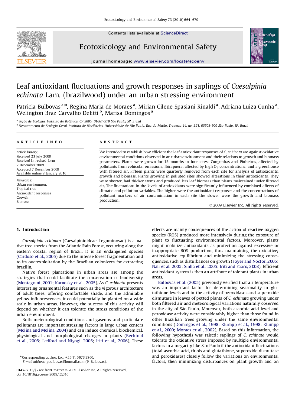 Leaf antioxidant fluctuations and growth responses in saplings of Caesalpinia echinata Lam. (brazilwood) under an urban stressing environment