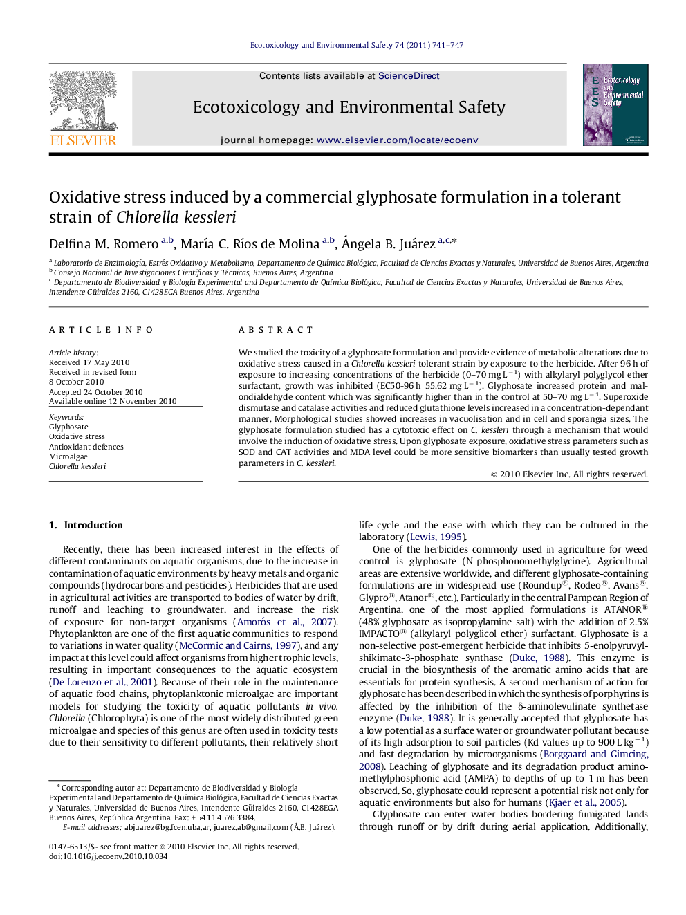 Oxidative stress induced by a commercial glyphosate formulation in a tolerant strain of Chlorella kessleri