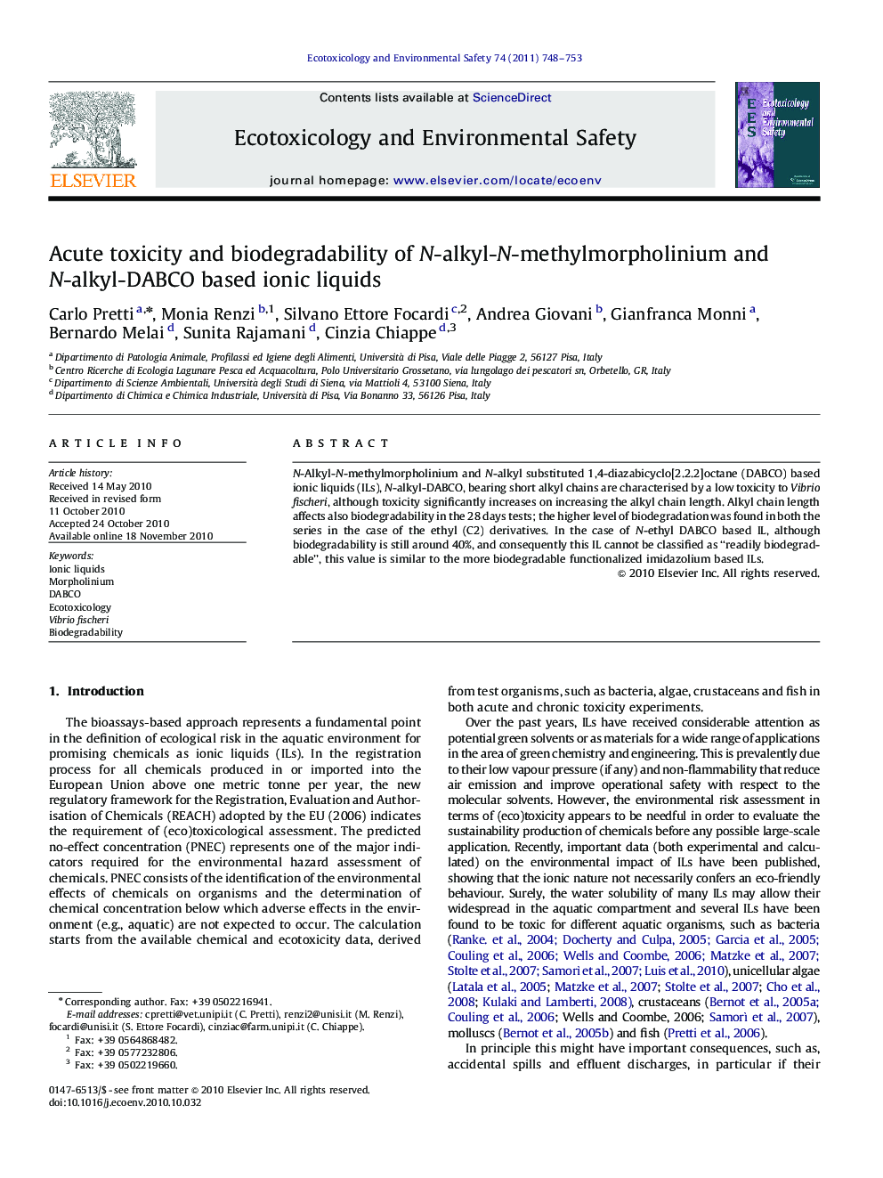 Acute toxicity and biodegradability of N-alkyl-N-methylmorpholinium and N-alkyl-DABCO based ionic liquids