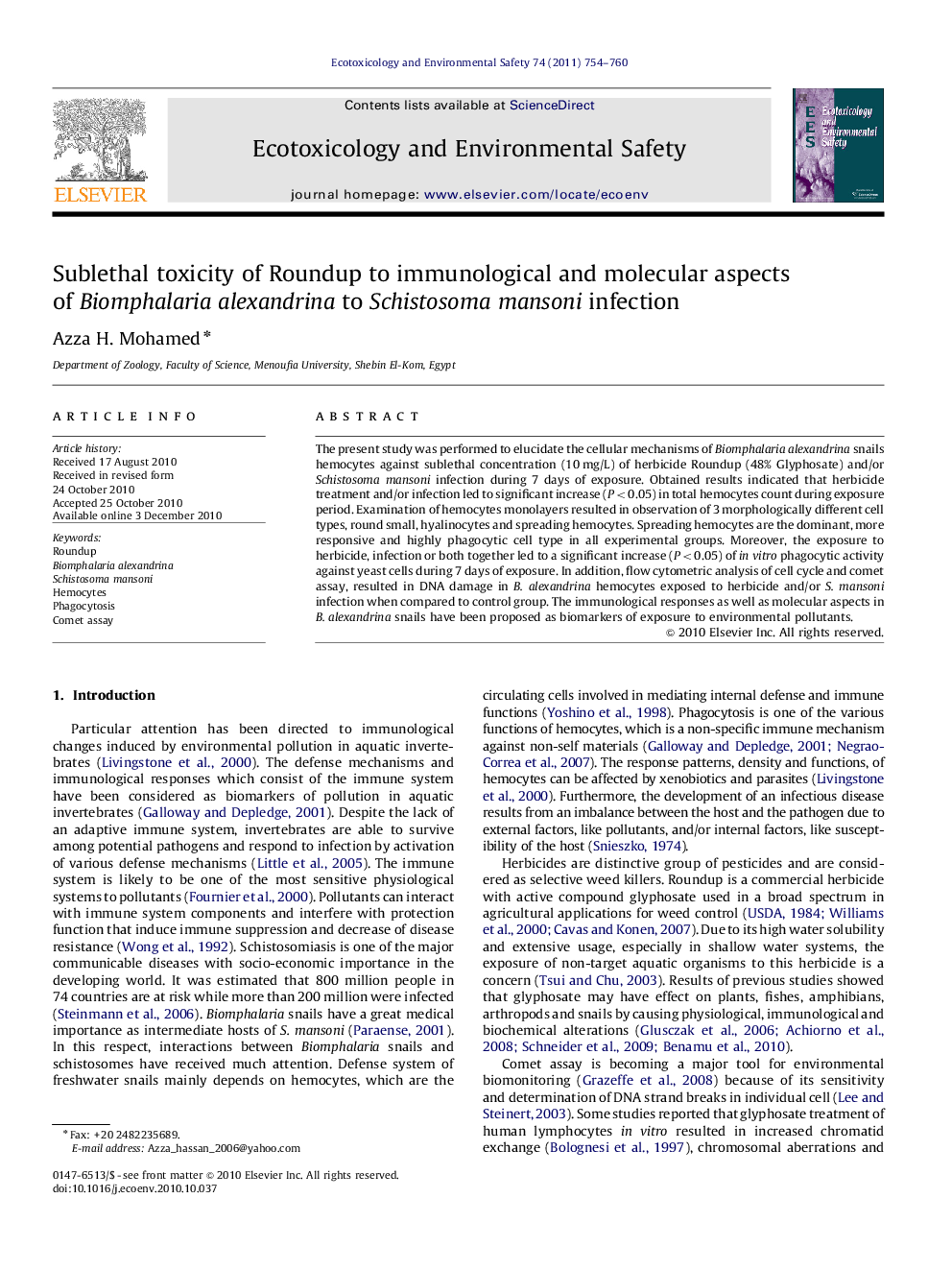 Sublethal toxicity of Roundup to immunological and molecular aspects of Biomphalaria alexandrina to Schistosoma mansoni infection