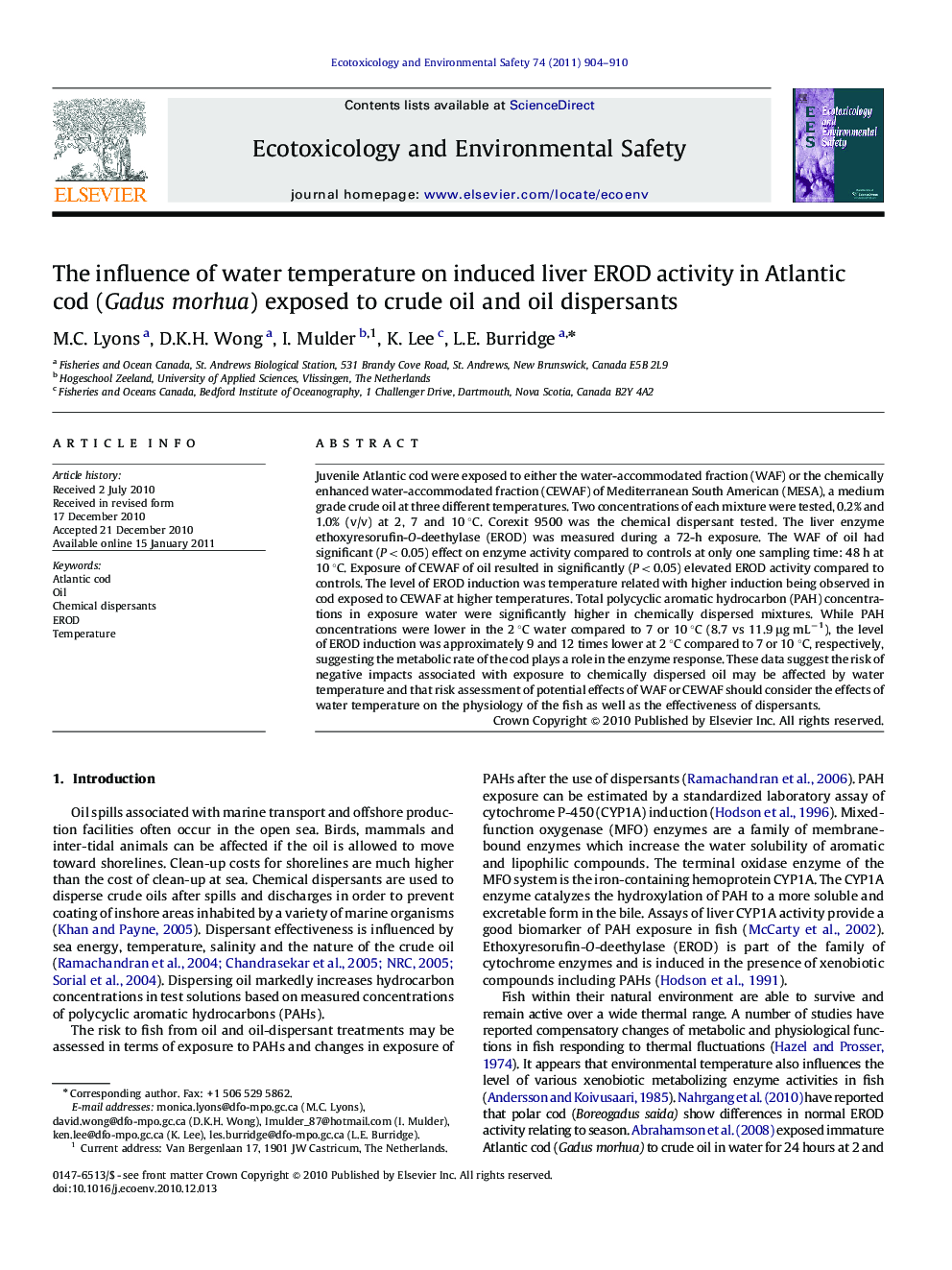 The influence of water temperature on induced liver EROD activity in Atlantic cod (Gadus morhua) exposed to crude oil and oil dispersants