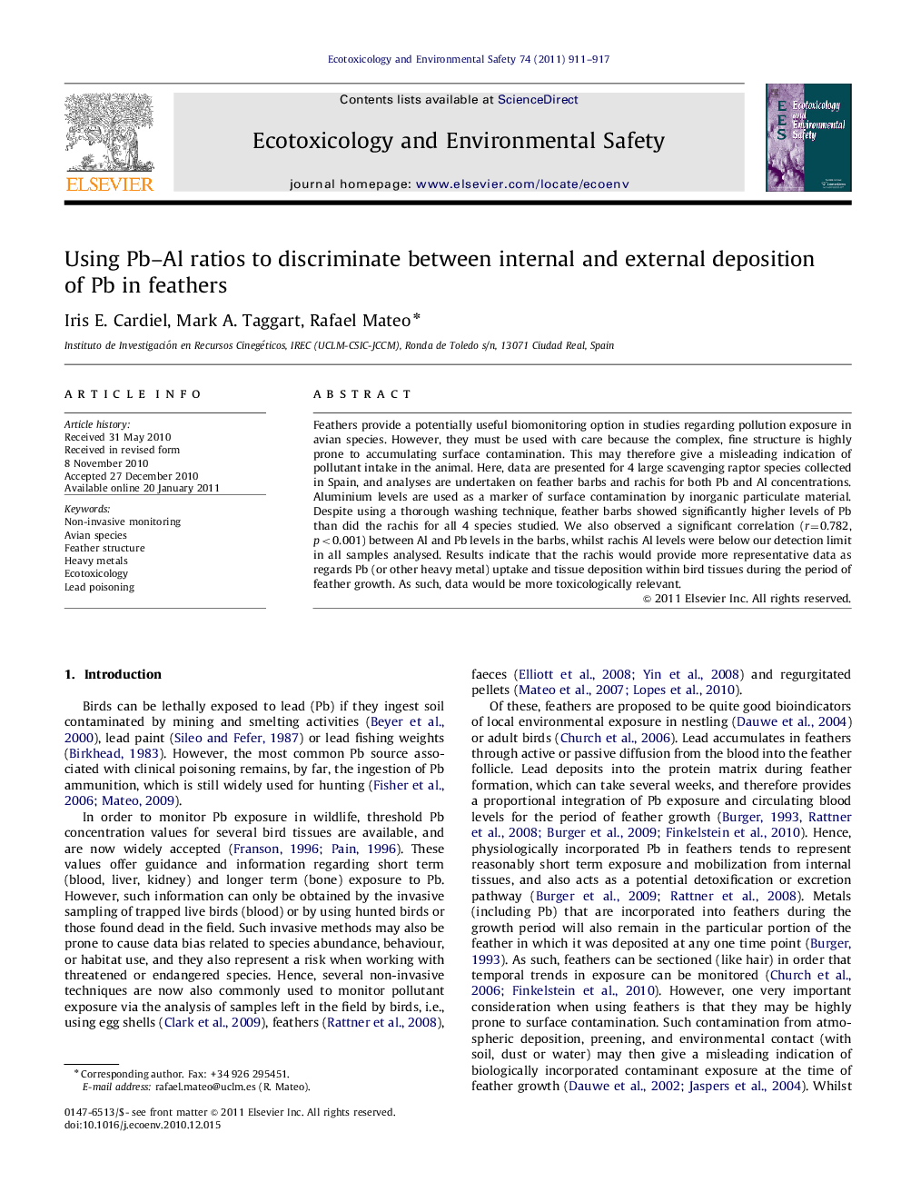 Using Pb–Al ratios to discriminate between internal and external deposition of Pb in feathers