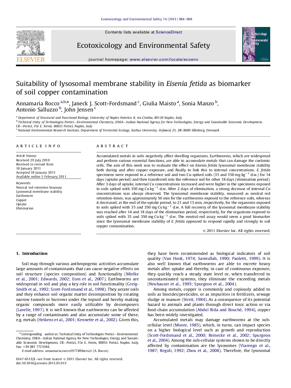 Suitability of lysosomal membrane stability in Eisenia fetida as biomarker of soil copper contamination